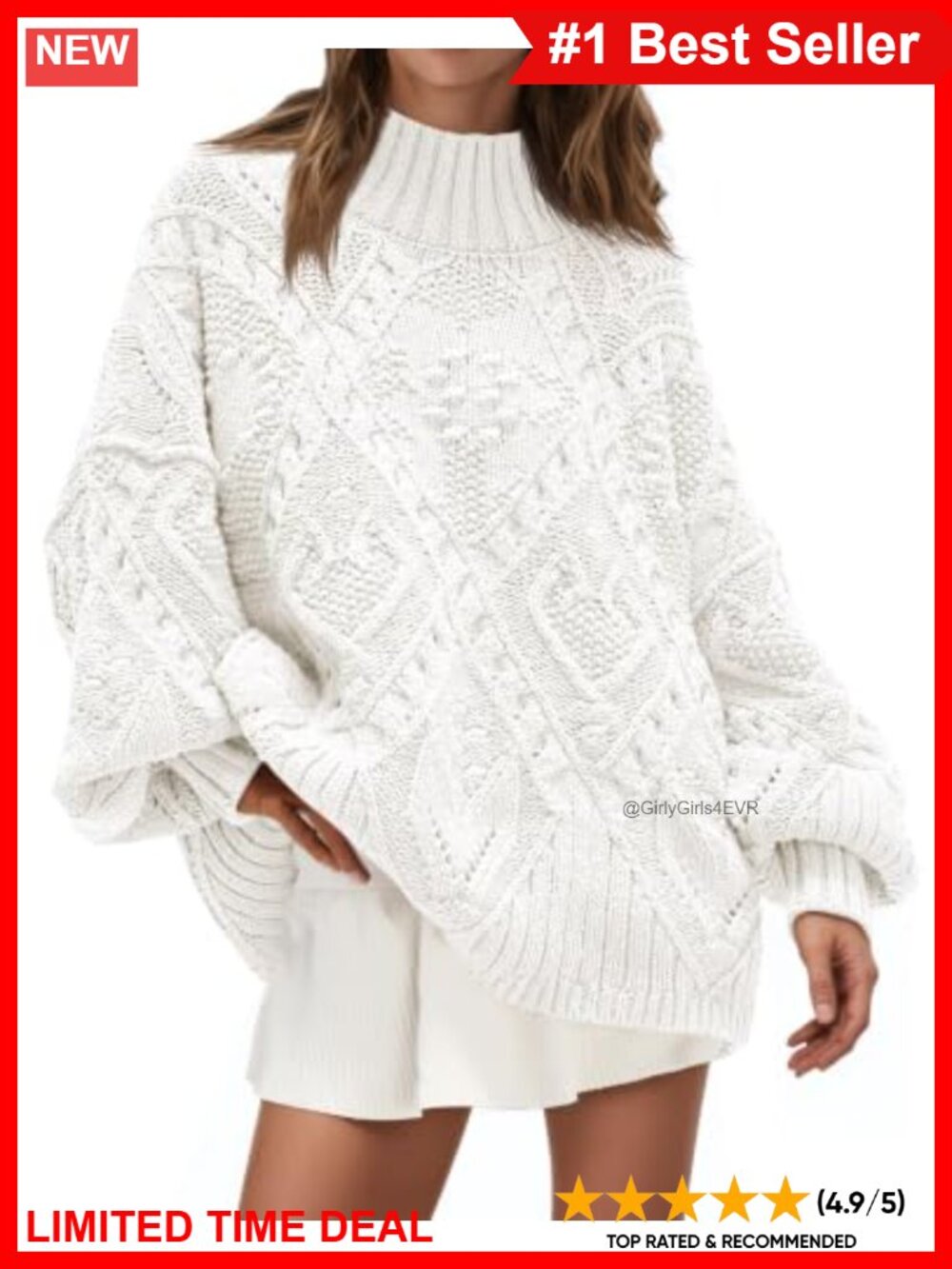 Saodimallsu Women's Oversized Cable Knit Crew Neck Pullover Sweater